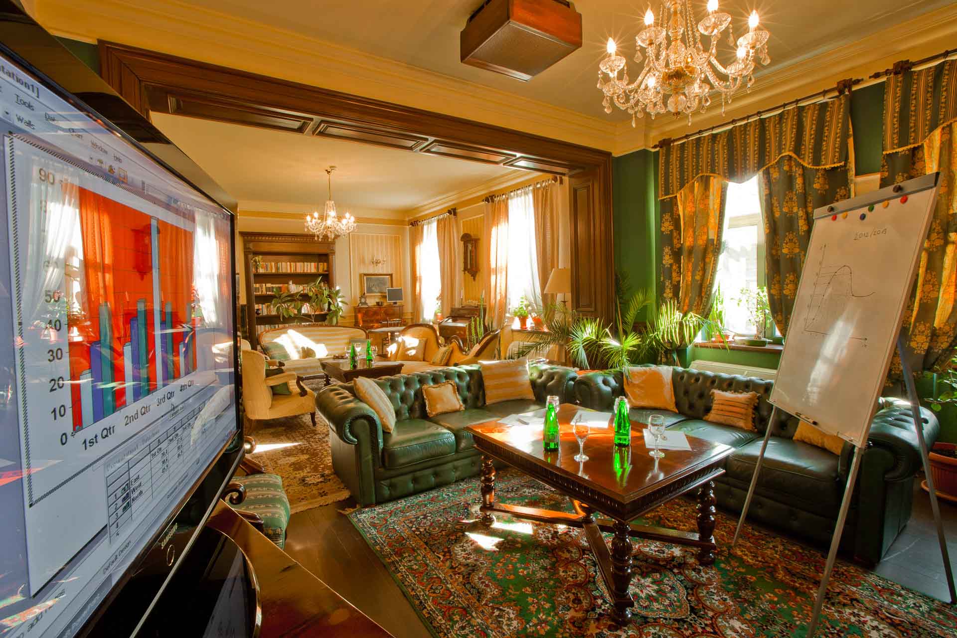 Stylish meeting room with sofas and chart