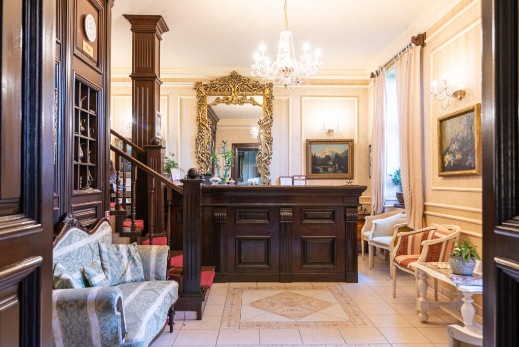 Elegant hotel reception, classic decor and traditional style.
