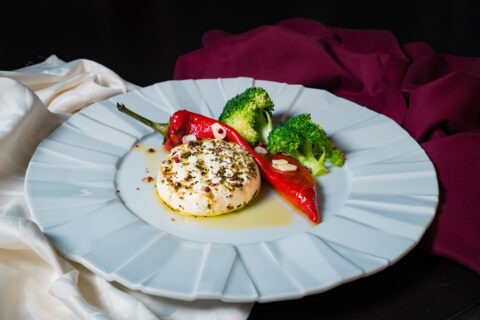 Picture of Baked Camembert with baked kapia peppers and broccoli