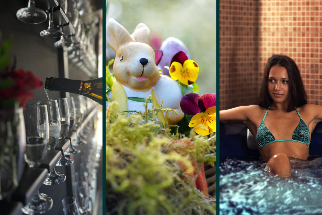 Champagne glasses, Easter bunny, woman in jacuzzi.